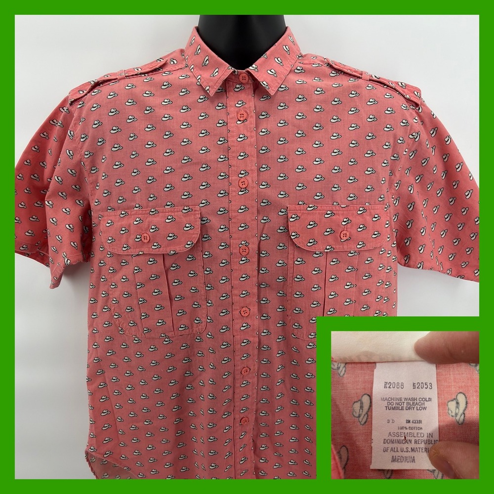 Vintage Mixed Blues Pink‎ Cowboy Hat Pattern Button Up Shirt Mens Medium 90s